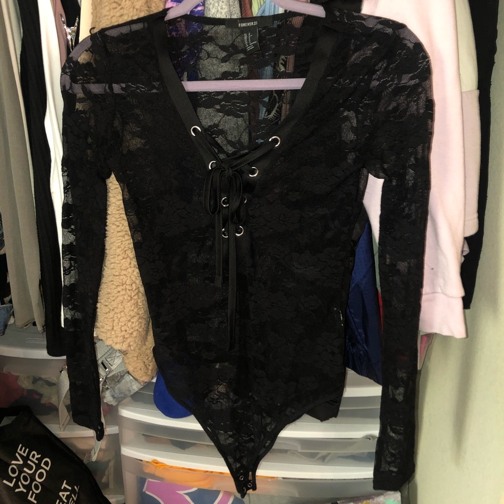 Lace lace-up long sleeved bodysuit